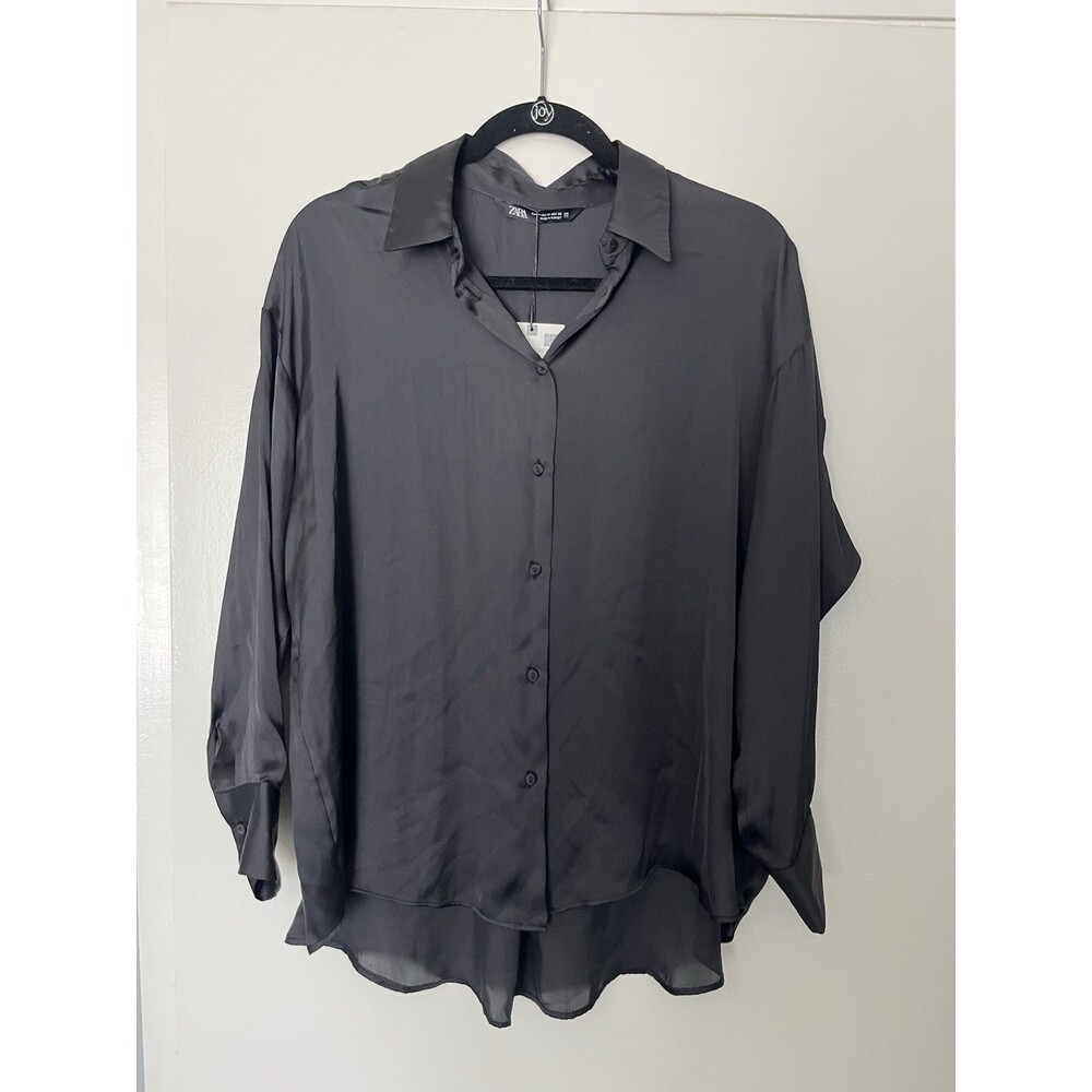 NWT Zara Satin Black Long Sleeve Button Down Shirt Top Blouse Size M Silky